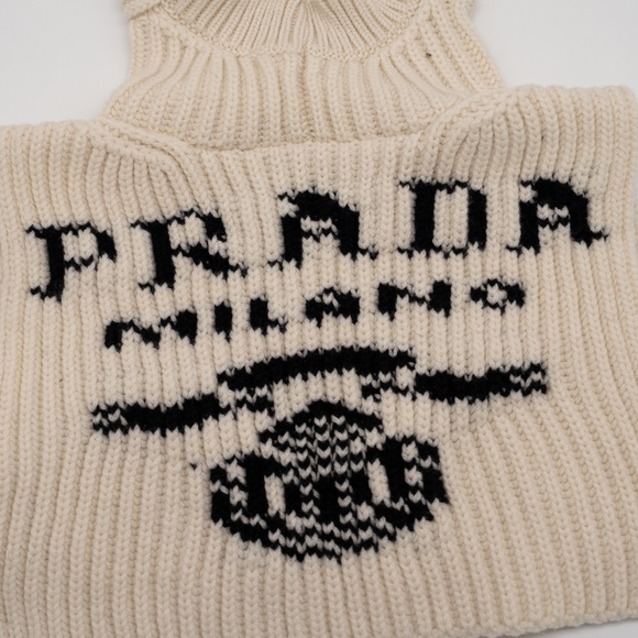 Prada intarsia-knit Logo Cashmere Neck Warmer With Hood / Scarf Balaclava White - Picture 2 of 6